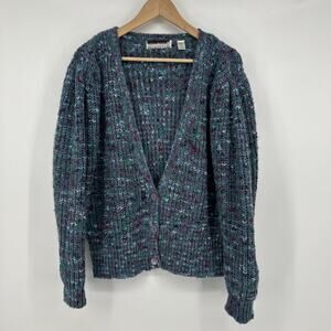 Vintage Bramble Lane Chunky Knit Cardigan Womens Size L Blue Puff Sleeve 90s Y2K